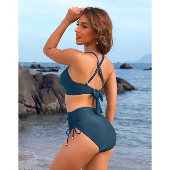 Blooming Jelly Women's SMALL High Waisted Bikini Set Tummy Control Swimsuit Blue - Picture 3 of 4